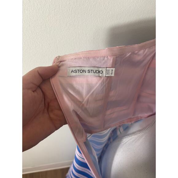 Aston Studio Blue and Pink Striped Strapless Maxi Dress Sz 6 - Picture 4 of 4